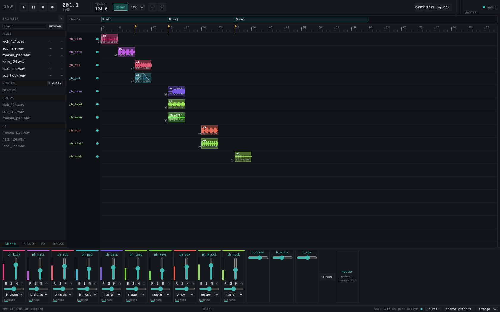 Waveqi arrangement view: playheads with waveforms, markers, chord lane, and journal feed over a live session