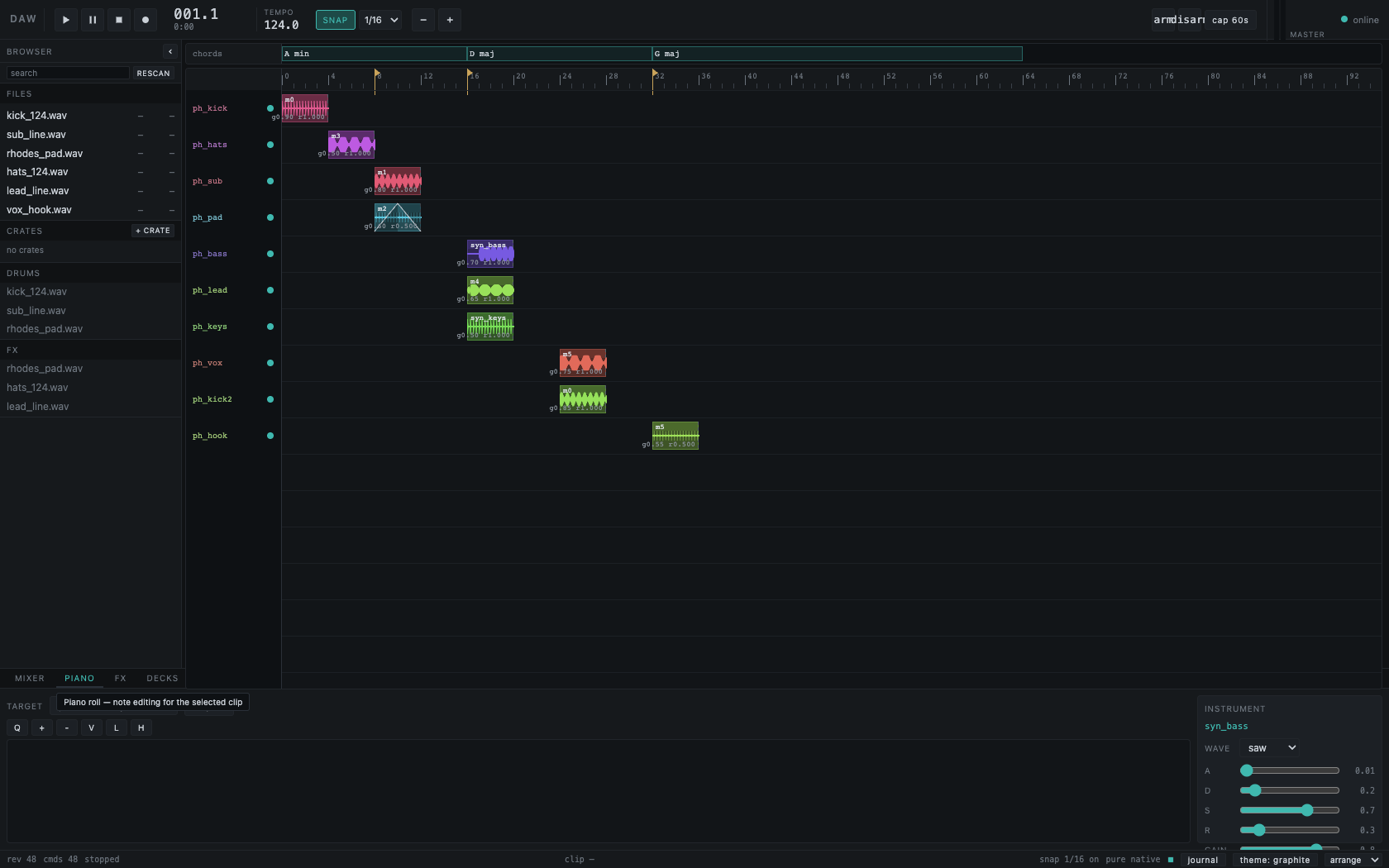 PIANO ROLL view of the Waveqi interface